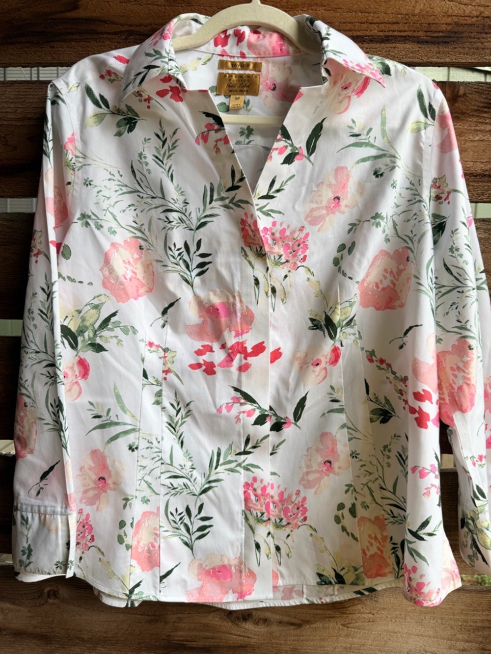 Taylor White Floral Button-Down Shirt with Pink & Green Accents